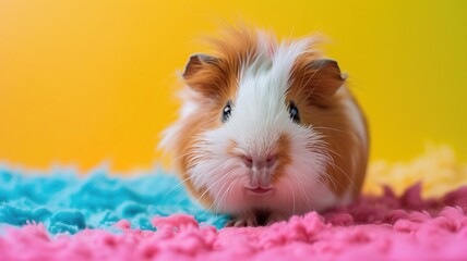 A cute guinea pig sits on a pink surface, contrasting with a bright yellow background