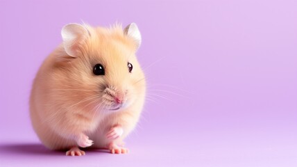 An adorable hamster with shiny eyes posing on a soft purple background
