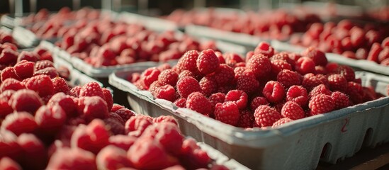 A collection of ripe raspberries neatly arranged in trays on a table. The vibrant red fruits are...