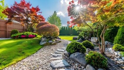 Obraz premium Beautiful backyard landscape design. View of colorful trees and decorative trimmed bushes rocks