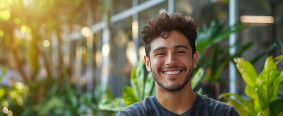 Joyful young Latin man smiling in a lush greenhouse, embodying enthusiasm and vitality.