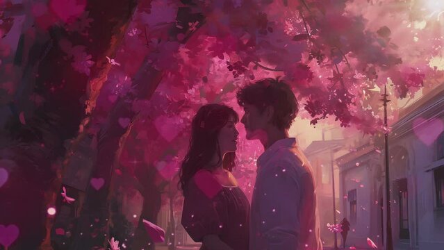 The scene of a couple letting go of their longing for each other under a beautiful cherry tree is filled with love effects. animated video