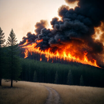 Forest fire at sunset. Natural disaster, ecology concept