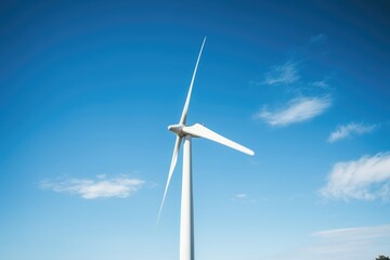 Close-up of Wind Turbine Blade and Sky. Upward angle of a wind turbine blade against a serene blue sky, representing renewable energy