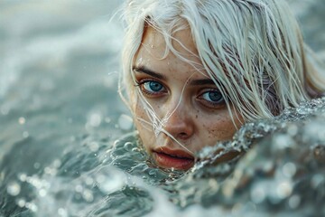 Portrait of a young woman in water, woman underwater, girl underwater, authentic, woman in swimming pool