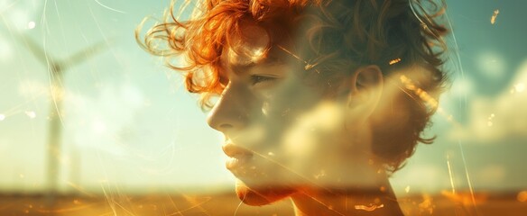 Young redhead man in contemplative profile, sunlit, with wind in his hair, feeling the essence of freedom.