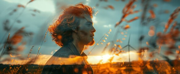 Young redhead man in contemplative profile, sunlit, with wind in his hair, feeling the essence of freedom.