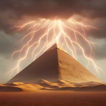 Pyramid in Desert in Egypt with Fiery Lightning Electrical Arching Power at its' Peak on Stormy Skies Cloudy Day. Ancient Mysticism Conspiracy Theory Fantasy Alien UFO Cosmos Night Storm Background