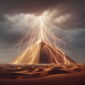Pyramid in Desert in Egypt with Fiery Lightning Electrical Arching Power at its' Peak on Stormy Skies Cloudy Day. Ancient Mysticism Conspiracy Theory Fantasy Alien UFO Cosmos Night Storm Background
