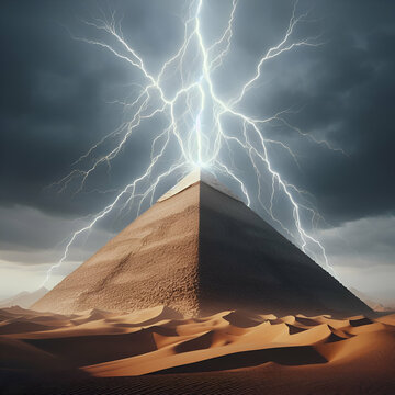Pyramid in Desert in Egypt with Fiery Lightning Electrical Arching Power at its' Peak on Stormy Skies Cloudy Day. Ancient Mysticism Conspiracy Theory Fantasy Alien UFO Cosmos Night Storm Background