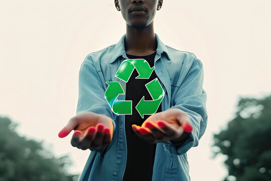 A woman holding out her hands with a green recycle sticker on them.