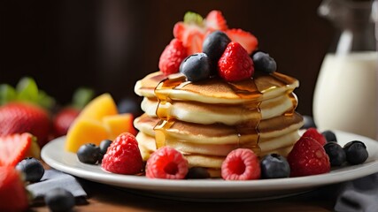 fluffy pancakes with whipped cream, fresh fruits, and maple syrup
