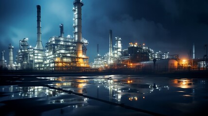 Obraz premium Oil refinery at night with reflection in water.
