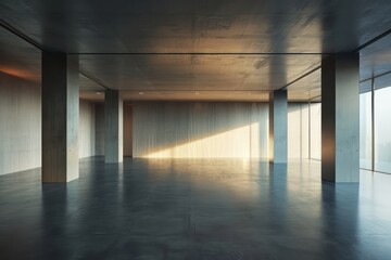 Modern concrete interior with sunlight. 