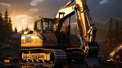 Excavator Working at Construction Site During Beautiful Sunset