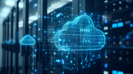 Cloud security, encryption, and network protection representation Concept. Digital cloud in server room with advanced encryption visualization.