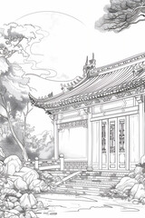 Coloring pages of Asian traditional house with tree