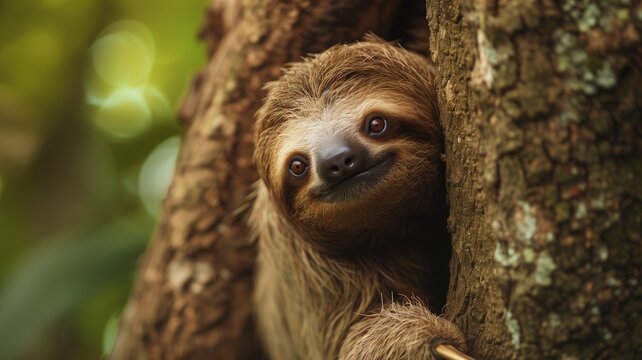 A gentle sloth with a friendly gaze peering around a tree in a lush forest