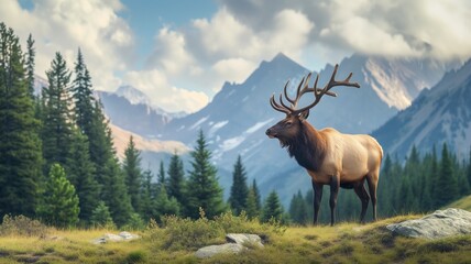 Majestic elk standing in a mountainous wilderness under a cloudy sky