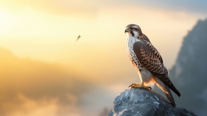 Majestic falcon perched on a rock against a sunset sky
