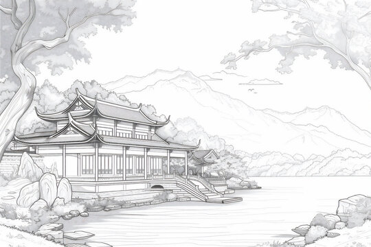 Coloring pages of China traditional house with bamboo trees by the lake