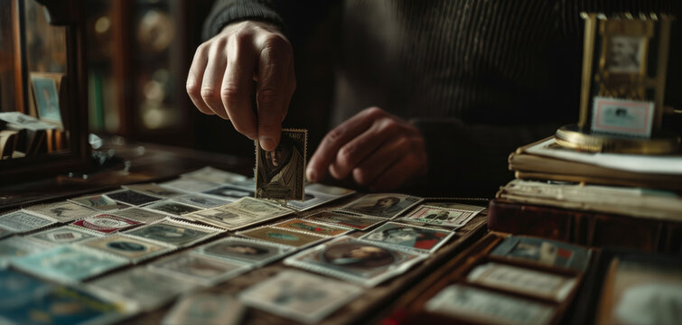 Person's hand selecting stamps, reflecting a collector's precision