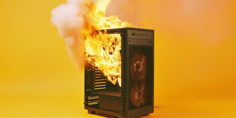 A high quality wide image of a burning gaming PC, fire  flames with smoke on a yellow background