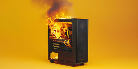 A high quality wide image of a burning gaming PC, fire  flames with smoke on a yellow background - obrazy, fototapety, plakaty