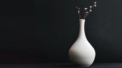 A minimalist white vase holding cotton twigs stands out against a dark background