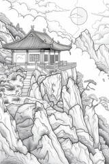 Coloring pages of japan traditional house on the edge of rock cliff with clouds and sun in the sky