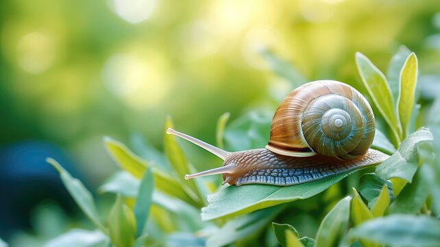 Snail with a spiral shell on lush green foliage in daylight