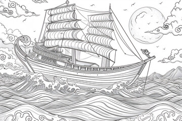 Coloring pages of wood sailing ship on huge wave in open ocean