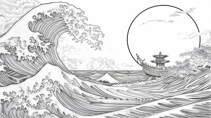 Coloring pages of traditional sailing ship on huge waves in open ocean - obrazy, fototapety, plakaty