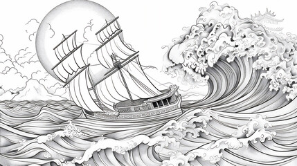 Coloring pages of traditional wood sailing ship on huge wave in open sea