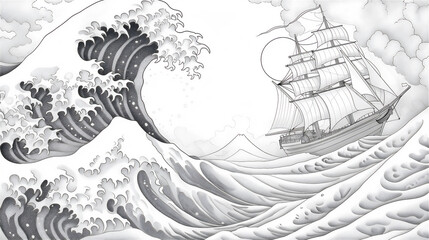 Coloring pages of traditional sailing ship on huge wave in open ocean