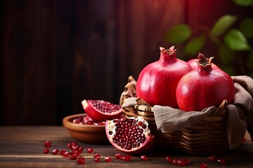 Ripe and juicy pomegranate in basket