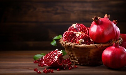 Ripe pomegranate fruit in a basket on wooden background