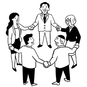 Business people holding hand together, standing in circle. Cute character vector illustration, outline, thin line art, hand drawn sketch design, black and white ink style.