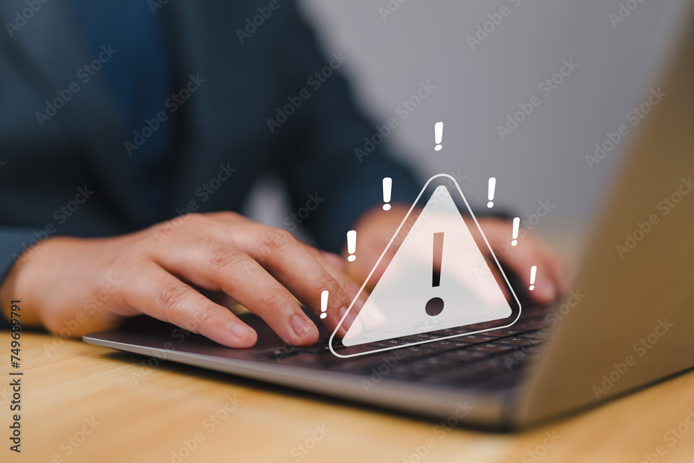Poster System warning hacked alert, cyberattack on computer network. Cybersecurity vulnerability, data breach, illegal connection, compromised information concept. Malicious software, virus and cybercrime.