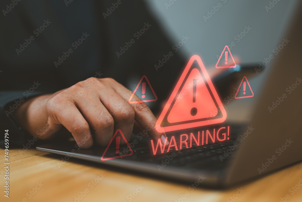 Fototapete System warning hacked alert, cyberattack on computer network. Cybersecurity vulnerability, data breach, illegal connection, compromised information concept. Malicious software, virus and cybercrime.