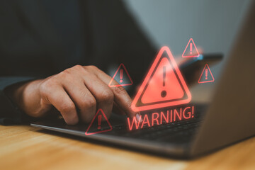 System warning hacked alert, cyberattack on computer network. Cybersecurity vulnerability, data breach, illegal connection, compromised information concept. Malicious software, virus and cybercrime.