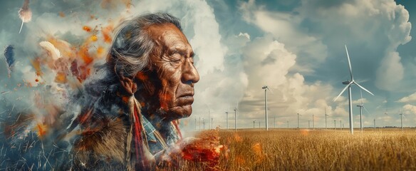 Native American elder with painted face, double exposure with wind turbines on a field, symbolizing a blend of tradition and modernity.