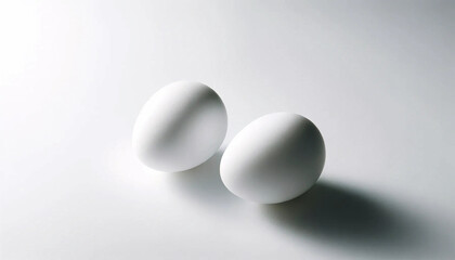 Two white eggs on a white counter top background
