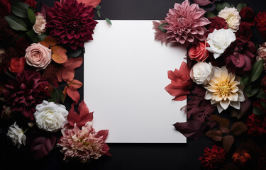 Obraz premium Creative layout made of flowers and leaves with paper card