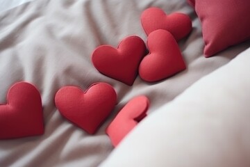 Several red fabric hearts scattered on a silky bedsheet with soft pillows.