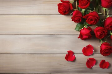 A bouquet of red roses laid on a wooden surface, perfect for romantic occasions and expressing love.
