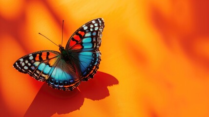 Fototapeta na wymiar A colorful butterfly casting a shadow on a bright orange background