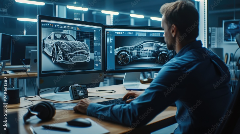 Poster a man sits at a desk with two computer monitors, using a personal computer and peripherals for engin