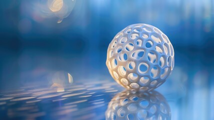 Complex 3D printed sphere on a reflective surface with bokeh