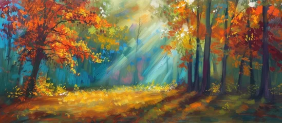 Keuken spatwand met foto A sunbeam shines brightly through the trees in a vibrant autumn forest, casting a radiant glow on the colorful foliage below. The light creates a mesmerizing scene as it filters through the majestic © 2rogan